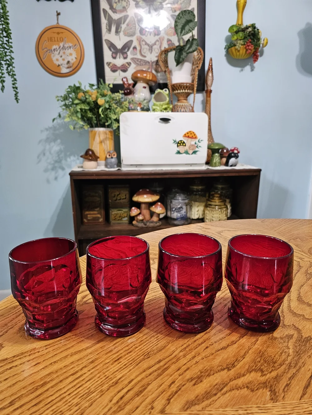 Vintage MCM Ruby Red Set of 4 Georgian Honeycomb Viking Glass Lowball Tumbler
